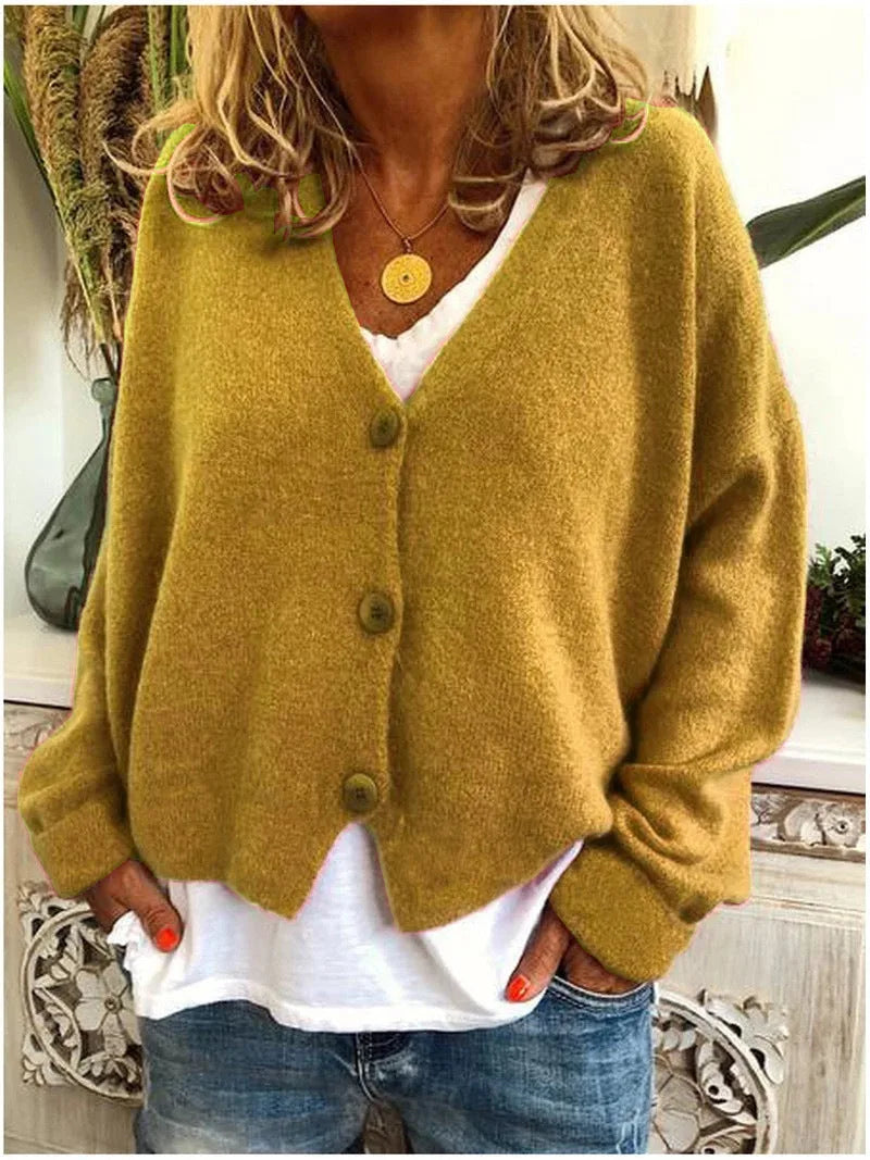 Women's knit button-front v-neck cardigan with dropped shoulders