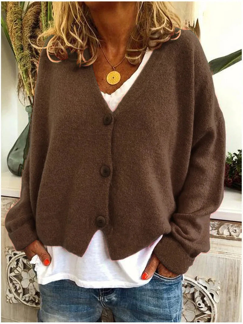 Women's knit button-front v-neck cardigan with dropped shoulders