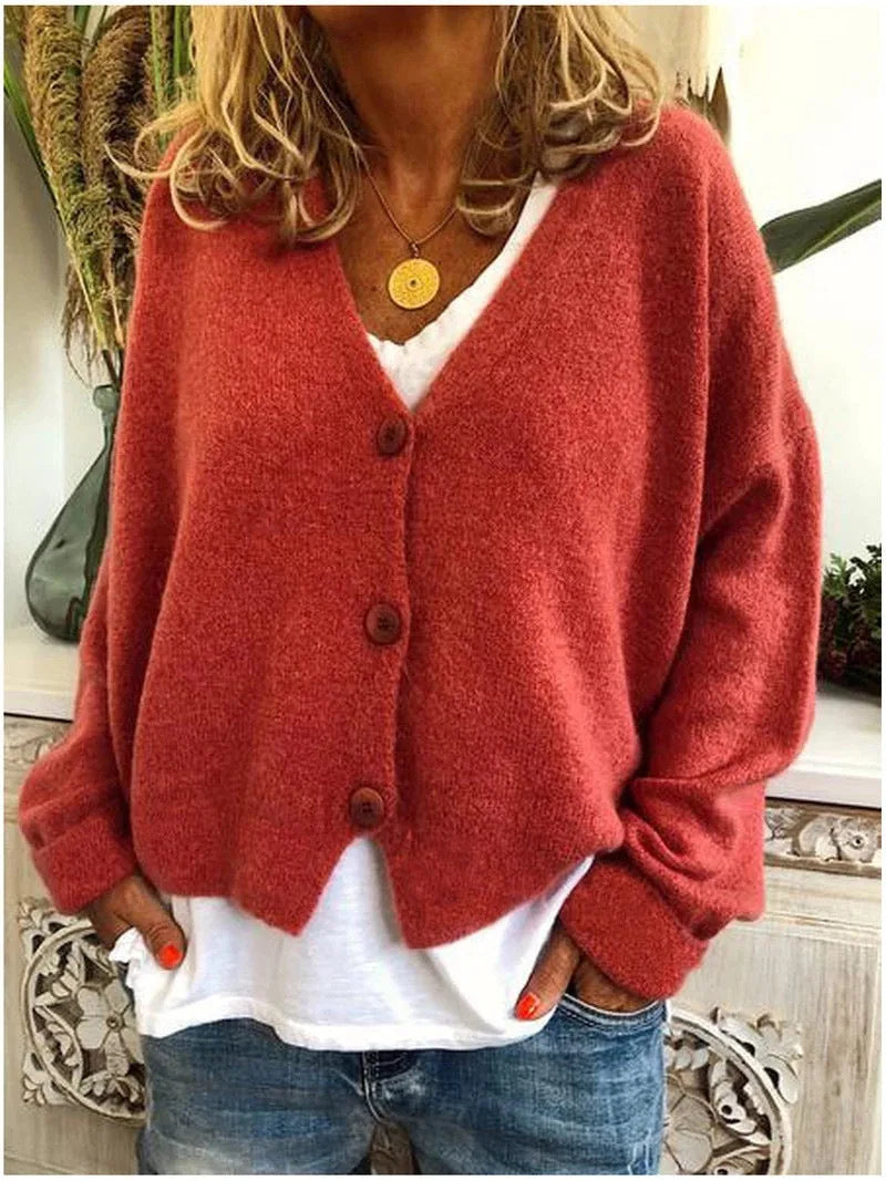 Women's knit button-front v-neck cardigan with dropped shoulders