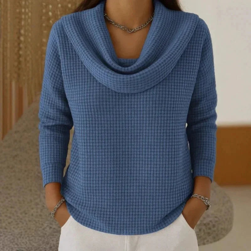 Women's knit cowl neck sweater with waffle texture