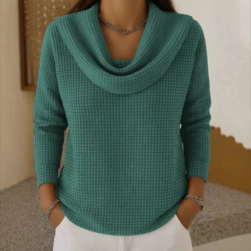 Women's knit cowl neck sweater with waffle texture