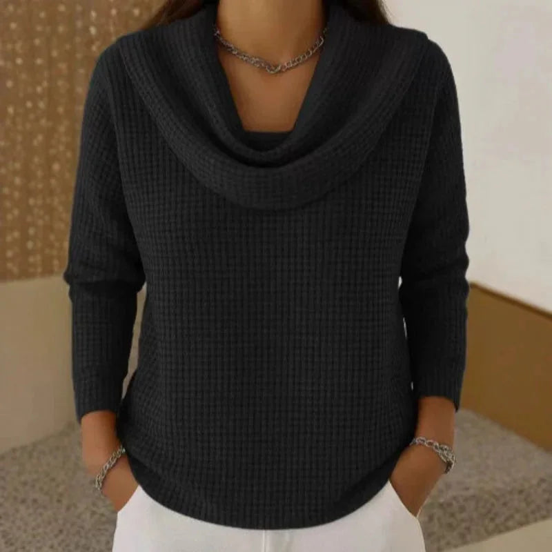 Women's knit cowl neck sweater with waffle texture