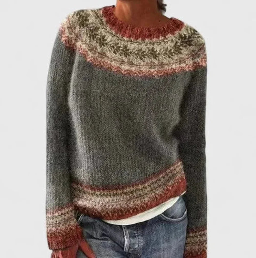 Women's knit crew neck fair isle sweater with pattern yoke