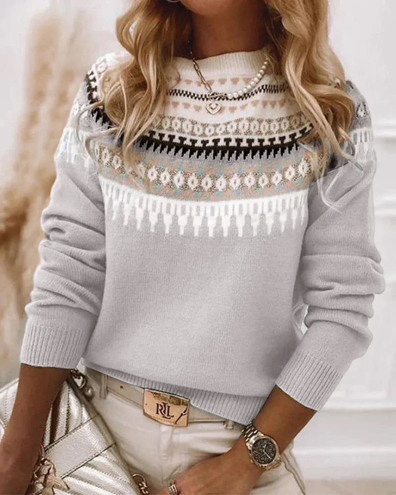 Women's knit crew neck fair isle sweater with yoke pattern