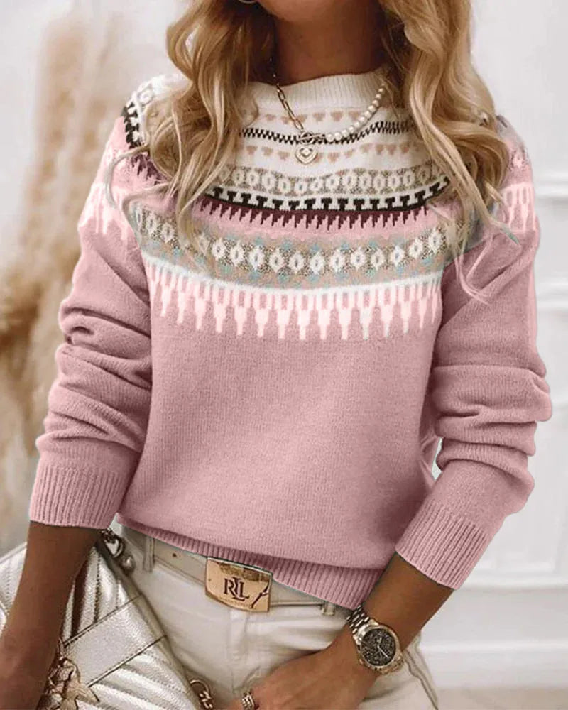 Women's knit crew neck fair isle sweater with yoke pattern