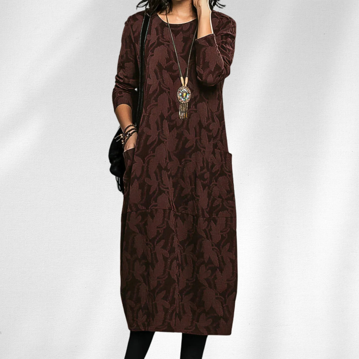 Women's knit crew neck midi dress with all-over leaf pattern