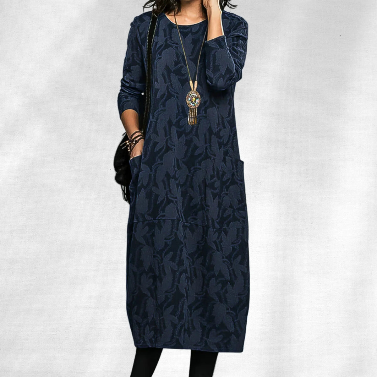 Women's knit crew neck midi dress with all-over leaf pattern