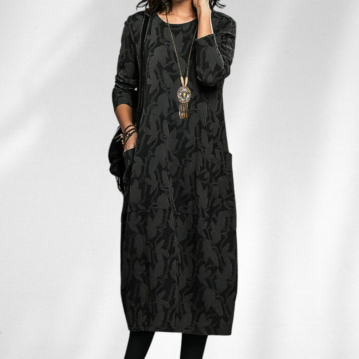 Women's knit crew neck midi dress with all-over leaf pattern
