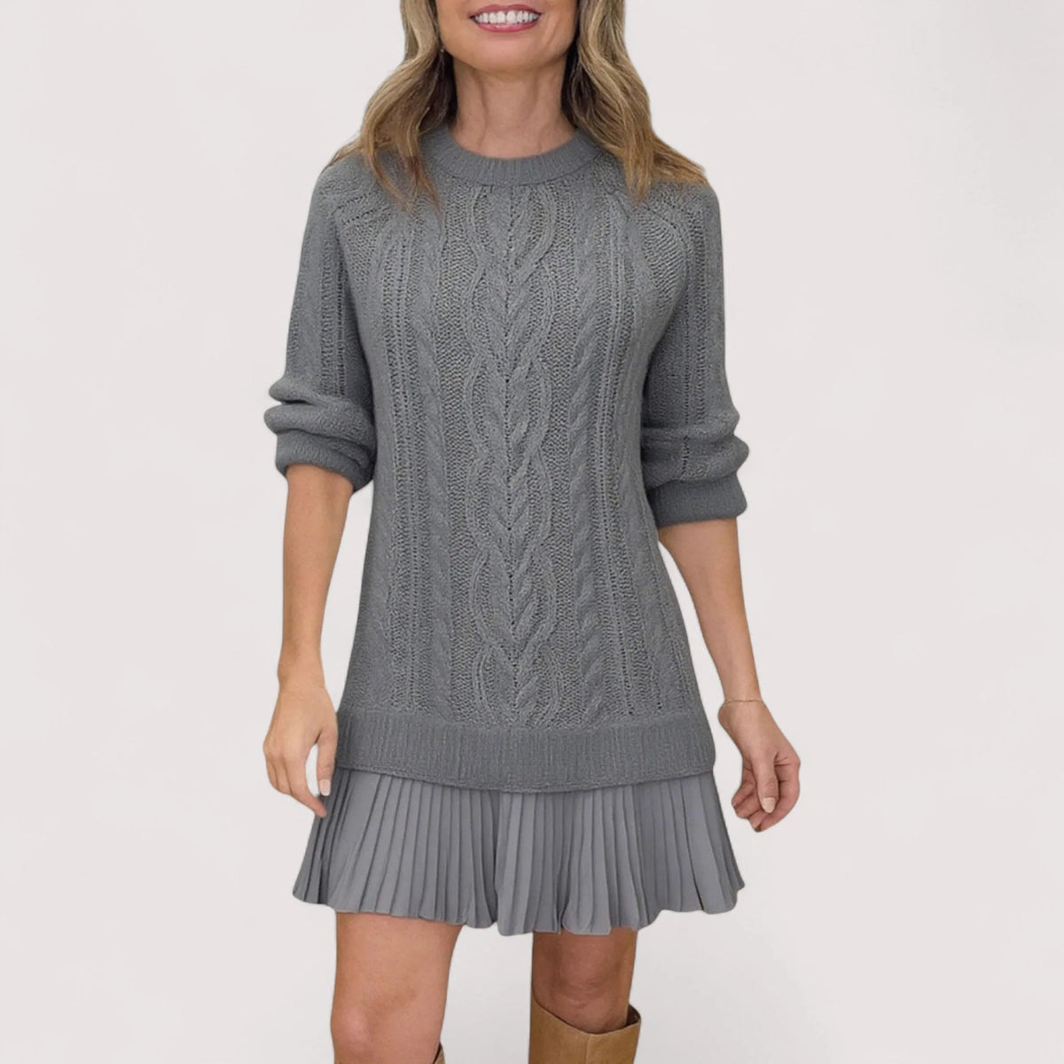 Women's knit crew neck mini sweater dress with pleated skirt
