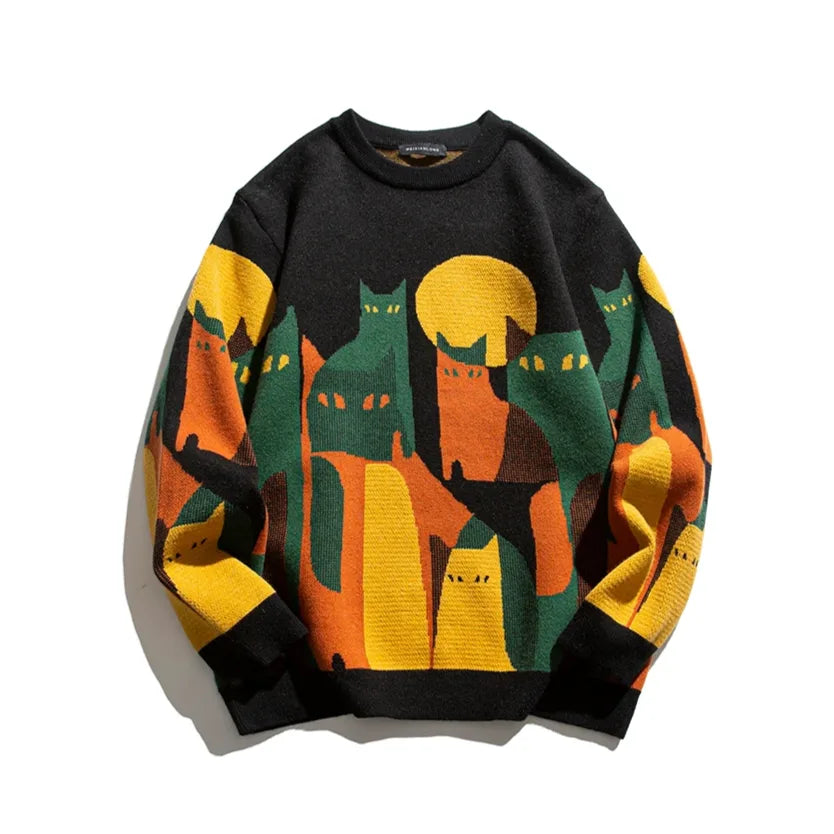 Women's knit crew neck sweater with abstract cat and moon graphic