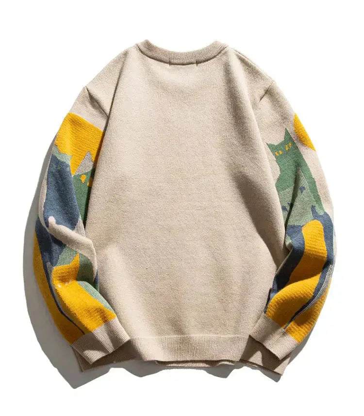 Women's knit crew neck sweater with abstract cat and moon graphic