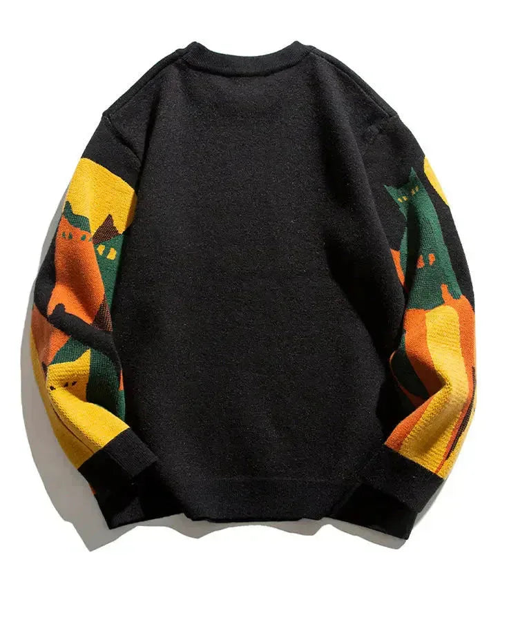 Women's knit crew neck sweater with abstract cat and moon graphic