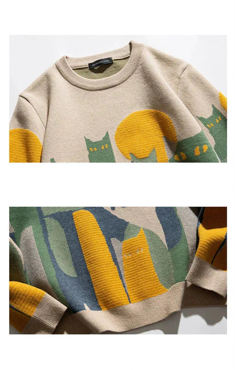 Women's knit crew neck sweater with abstract cat and moon graphic