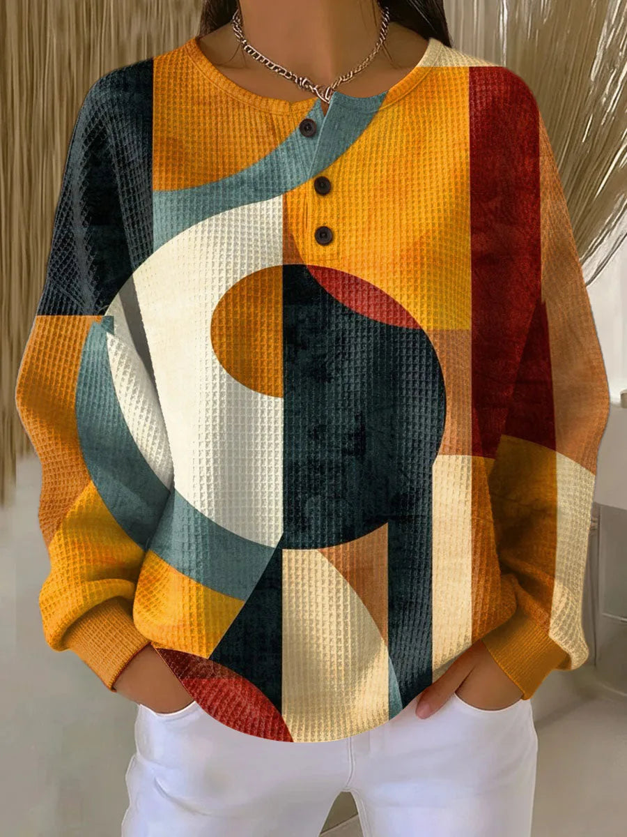 Women's knit crew neck sweater with button placket in yellow