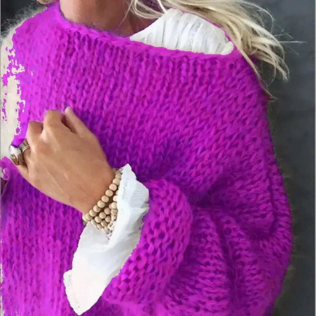 Women's knit crew neck sweater with fuzzy texture