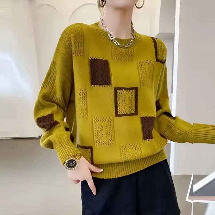 Women's knit crew neck sweater with textured square pattern