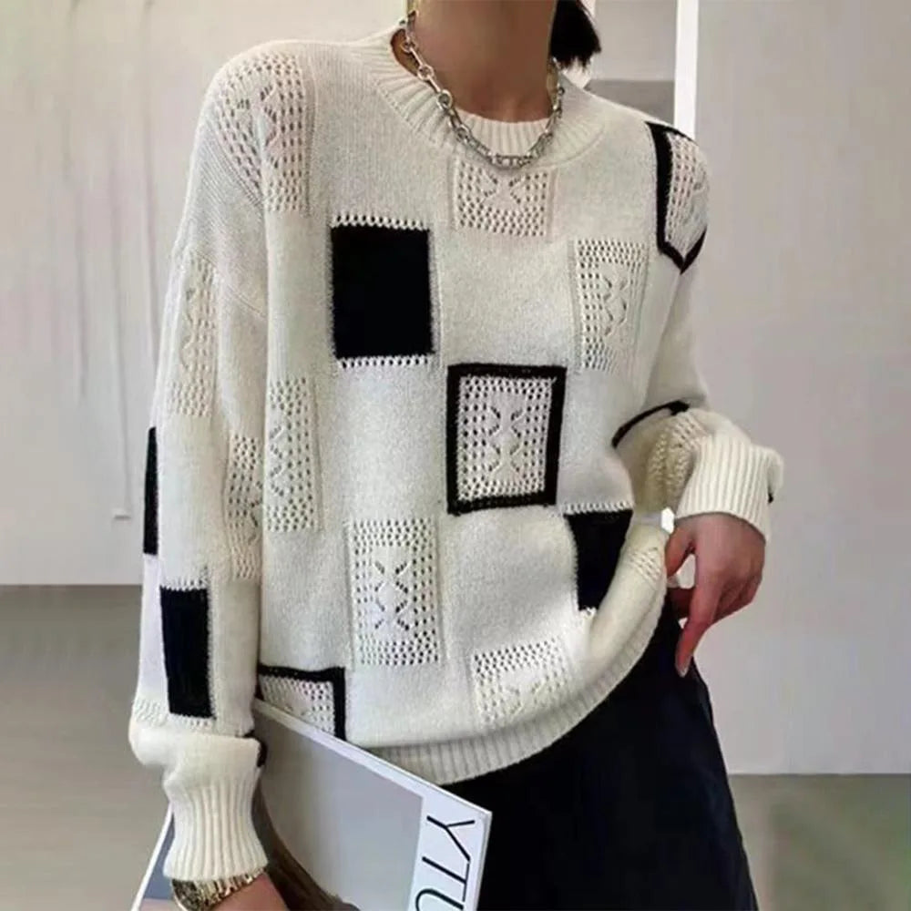 Women's knit crew neck sweater with textured square pattern