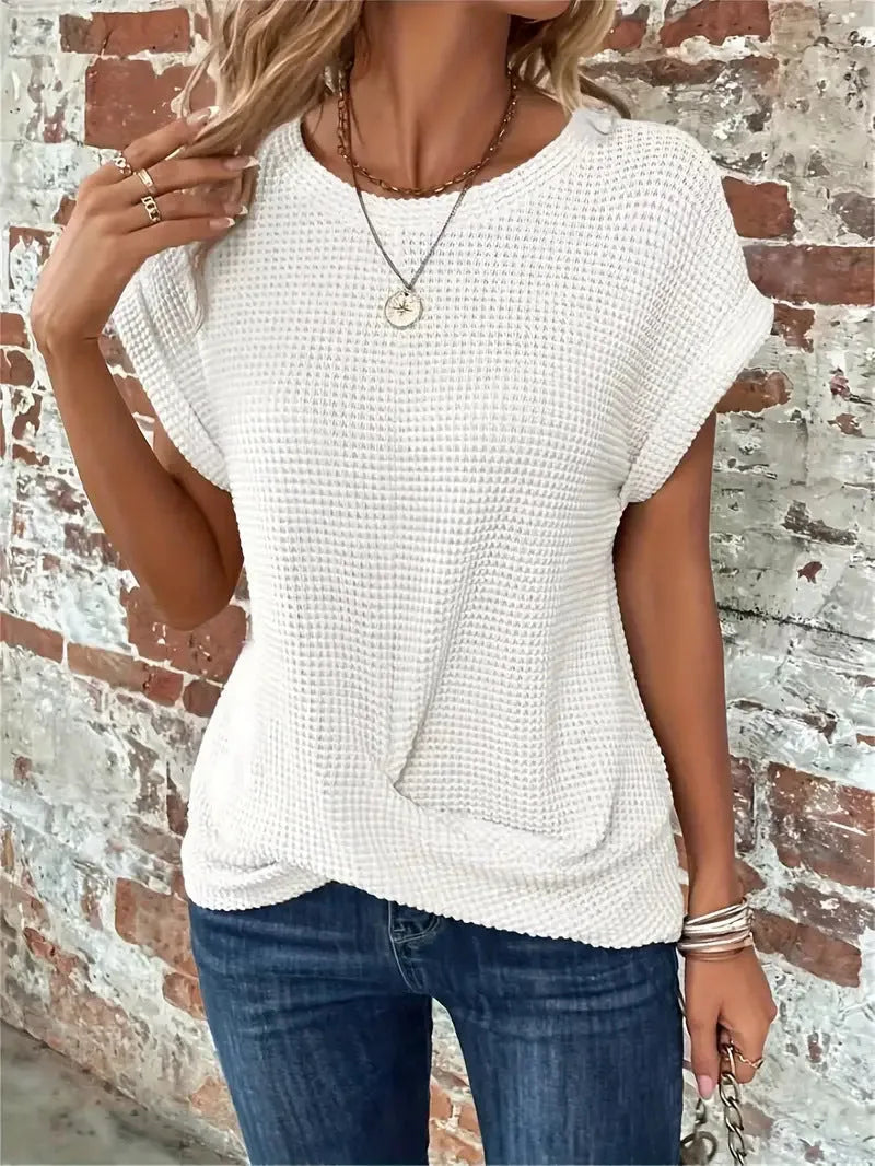 Women's knit crew neck sweater with twisted front hem