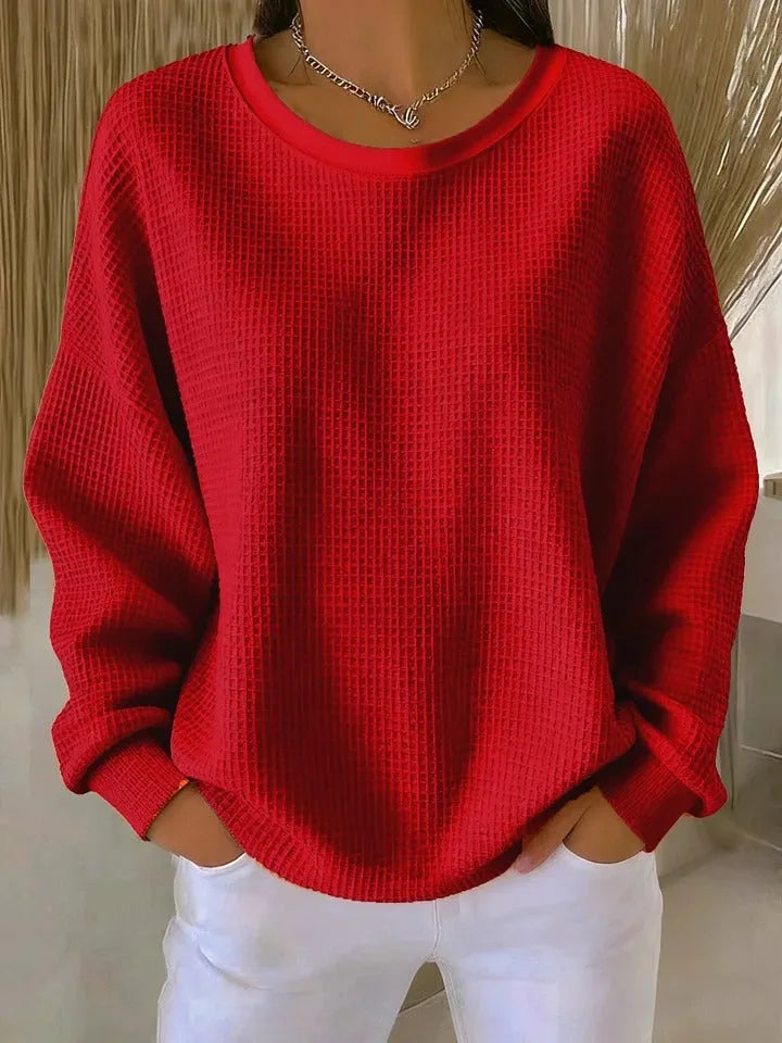 Women's knit crew neck sweater with waffle texture