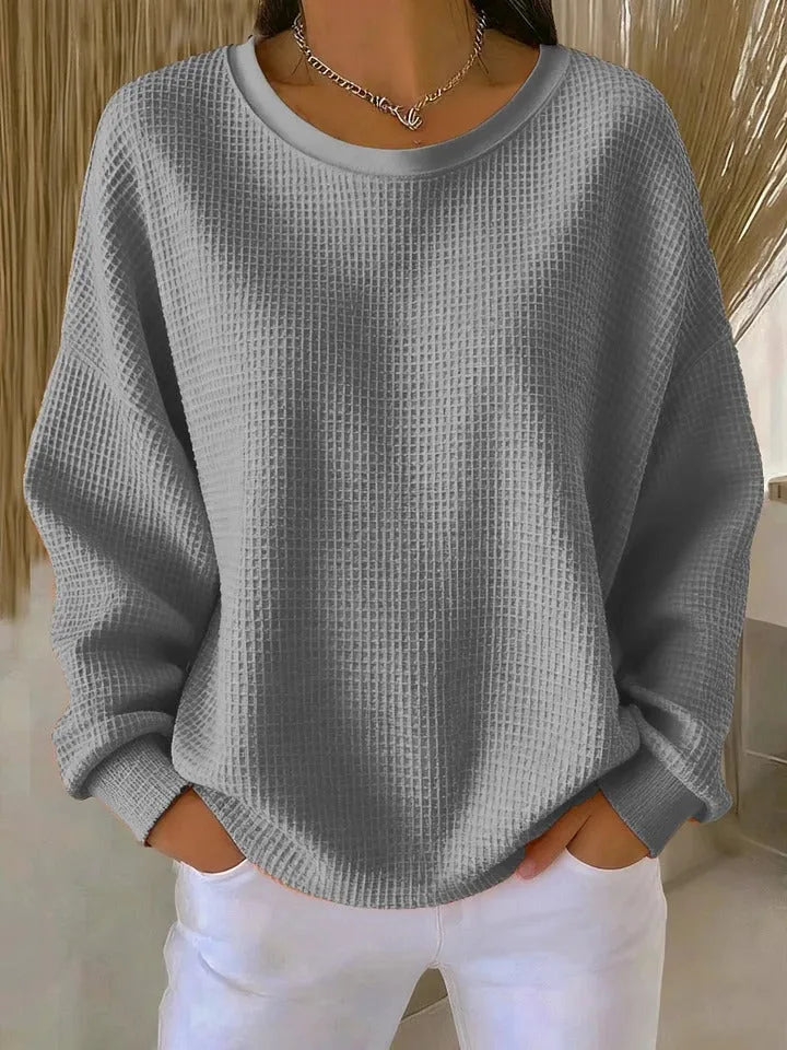 Women's knit crew neck sweater with waffle texture