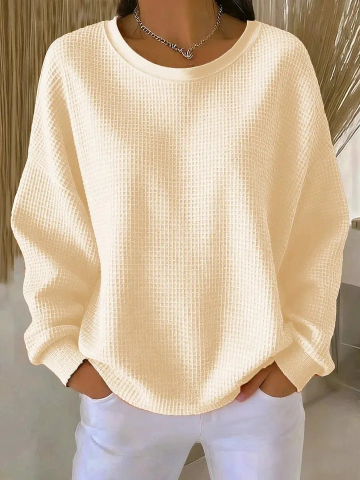 Women's knit crew neck sweater with waffle texture