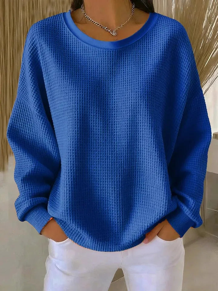Women's knit crew neck sweater with waffle texture