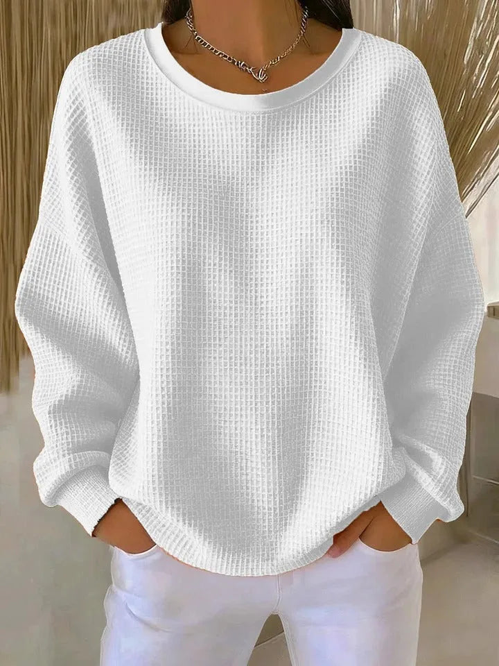 Women's knit crew neck sweater with waffle texture