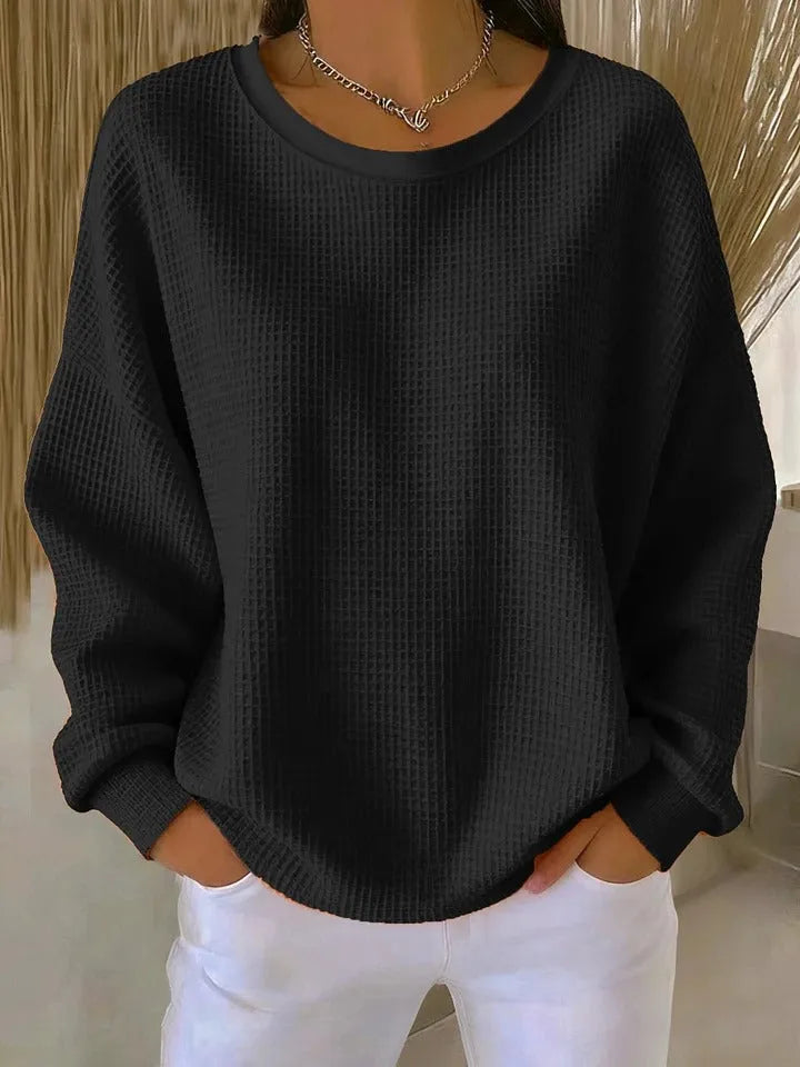 Women's knit crew neck sweater with waffle texture