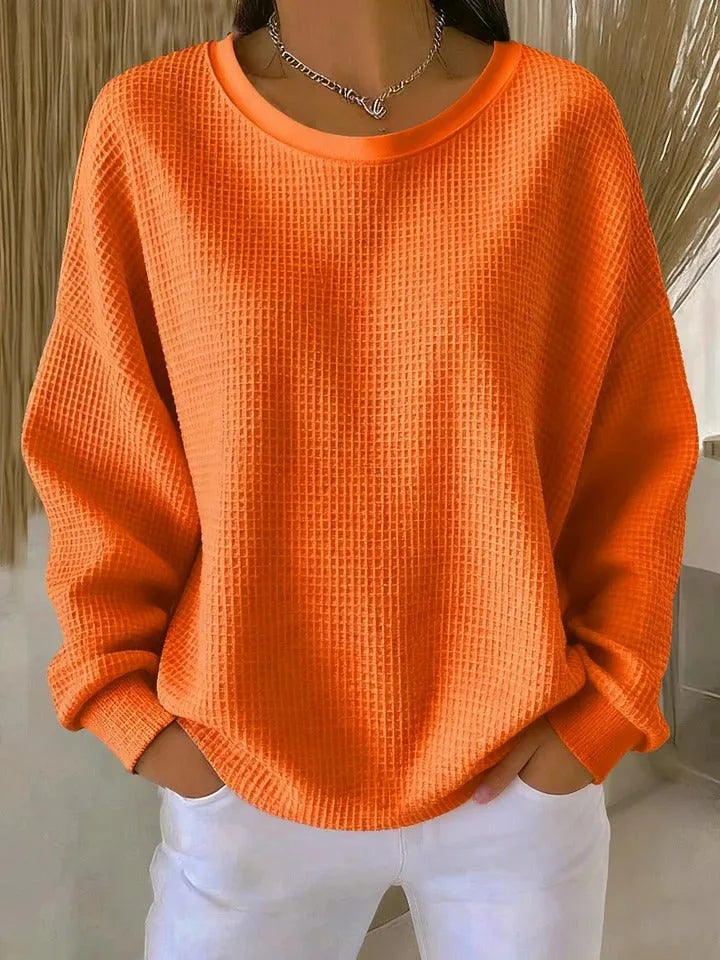 Women's knit crew neck sweater with waffle texture