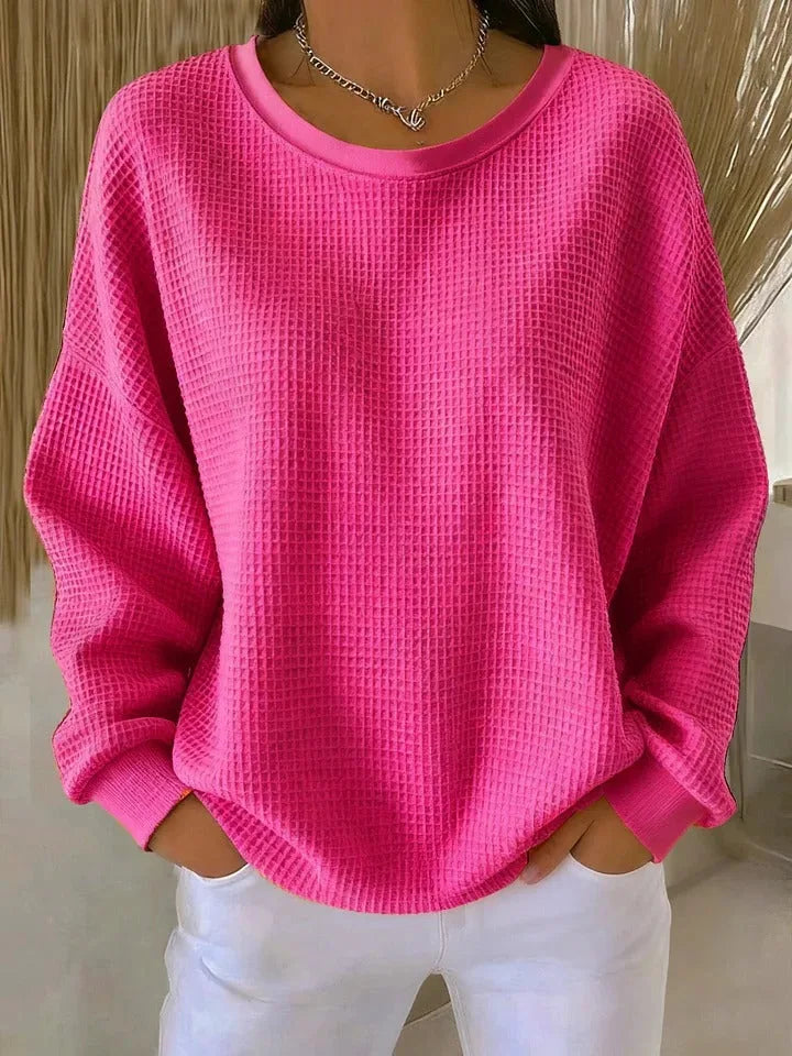 Women's knit crew neck sweater with waffle texture
