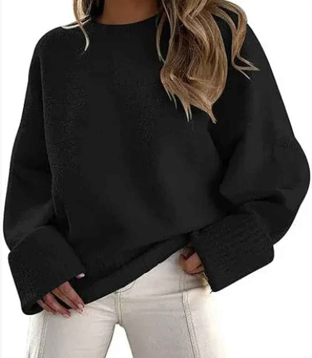 Women's knit crew neck sweater with wide ribbed cuffs