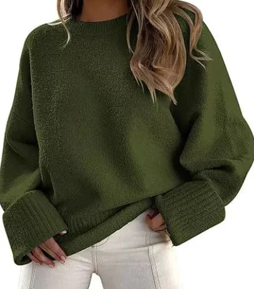 Women's knit crew neck sweater with wide ribbed cuffs