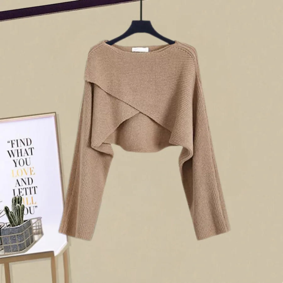 Women's knit crew neck two piece set with cropped wrap-front top