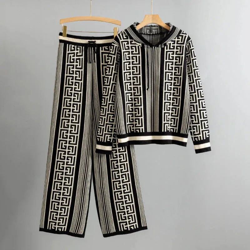 Women's knit hooded two piece set with geometric striped pattern