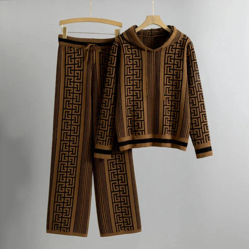 Women's knit hooded two piece set with geometric striped pattern