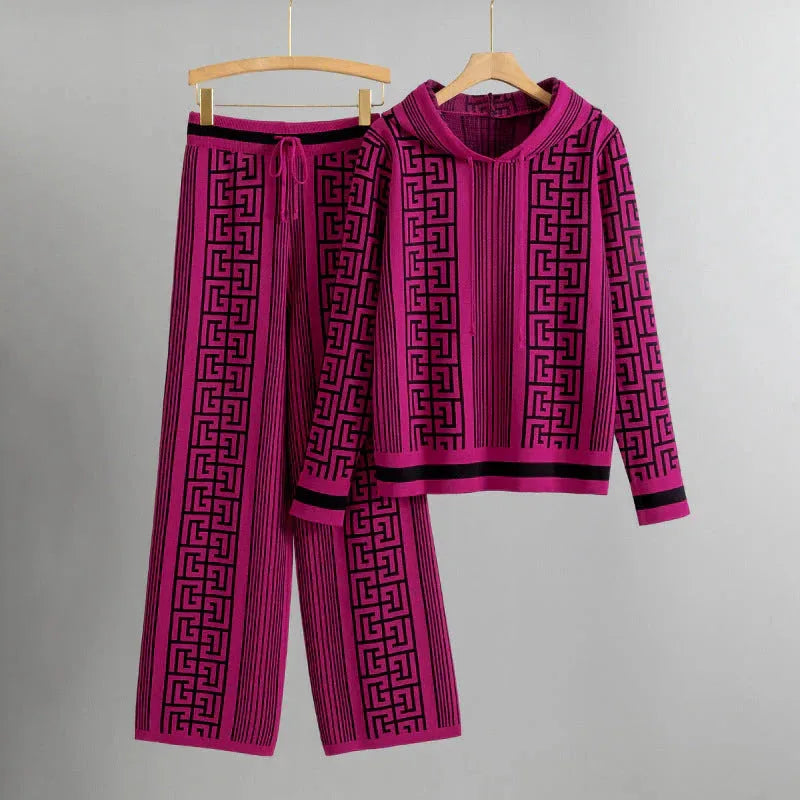 Women's knit hooded two piece set with geometric striped pattern