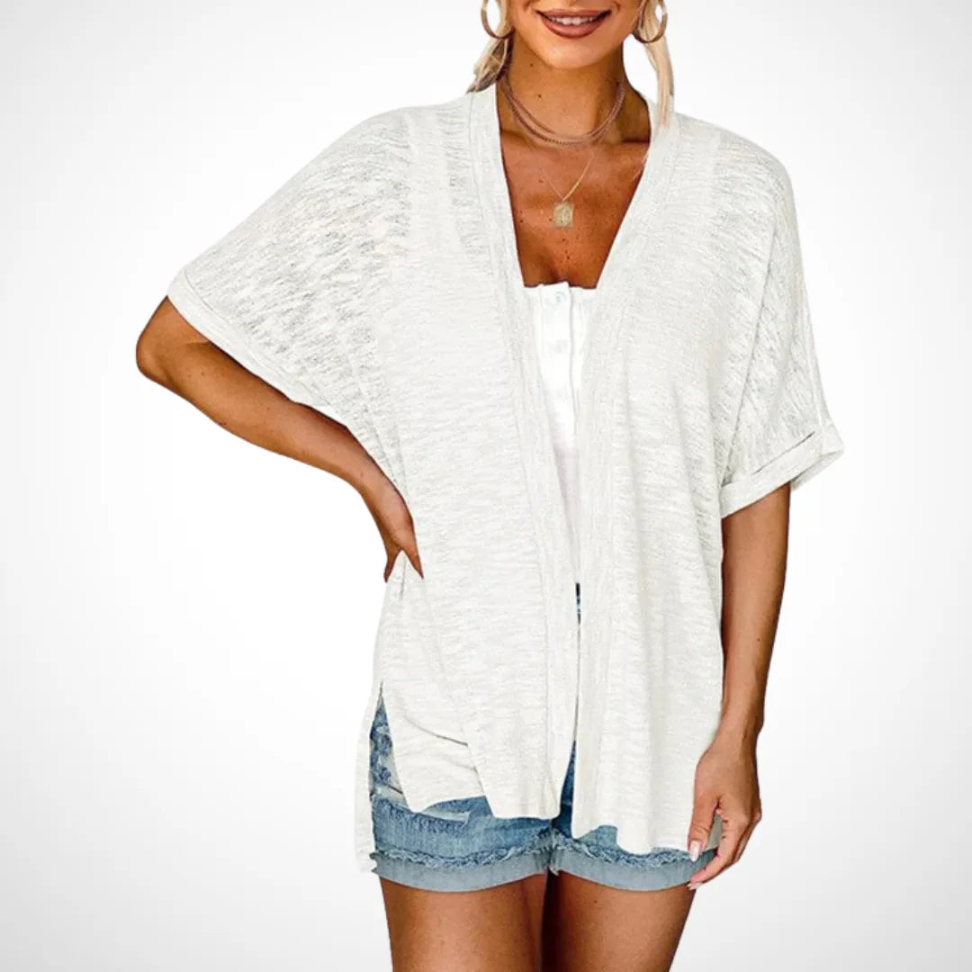 Women's knit open-front v-neck cardigan with side slits