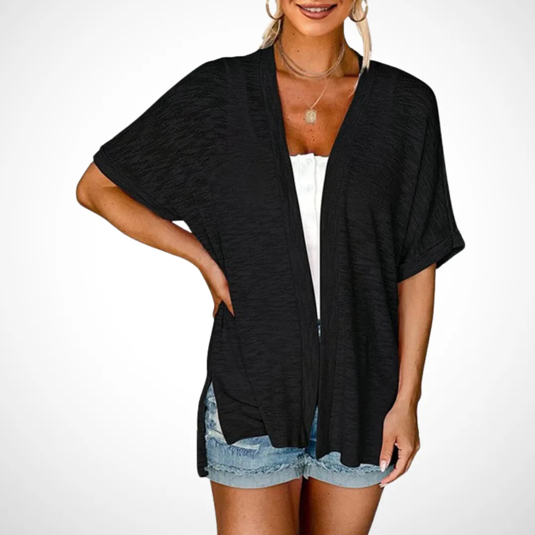 Women's knit open-front v-neck cardigan with side slits
