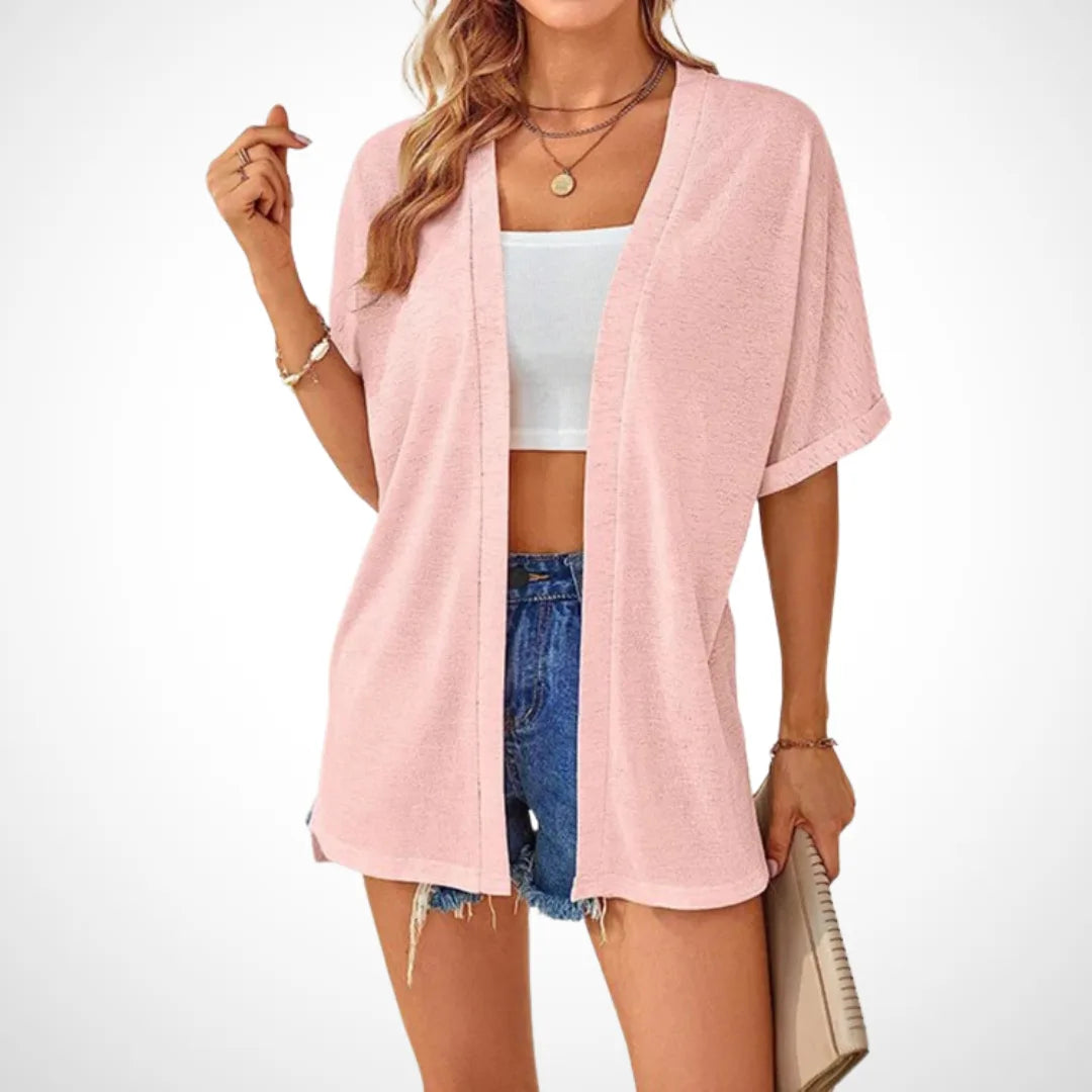 Women's knit open-front v-neck cardigan with side slits
