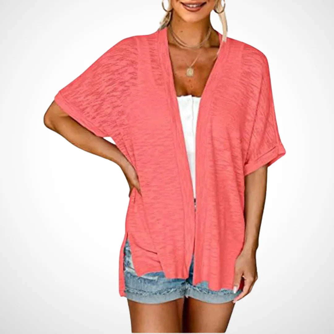 Women's knit open-front v-neck cardigan with side slits