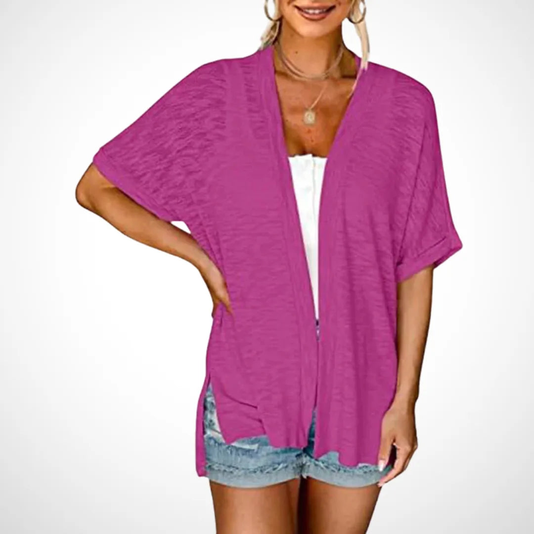 Women's knit open-front v-neck cardigan with side slits