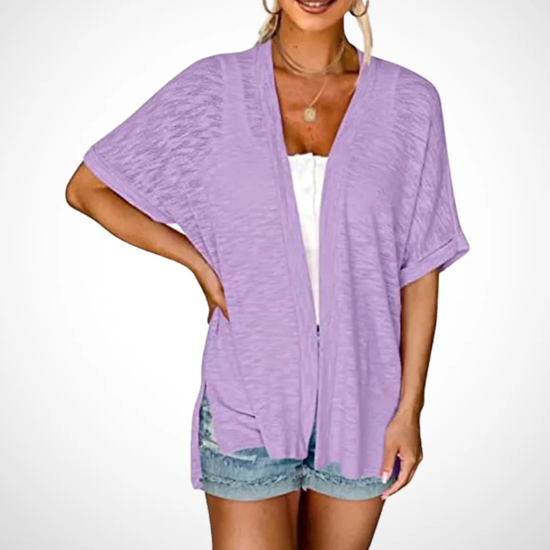 Women's knit open-front v-neck cardigan with side slits