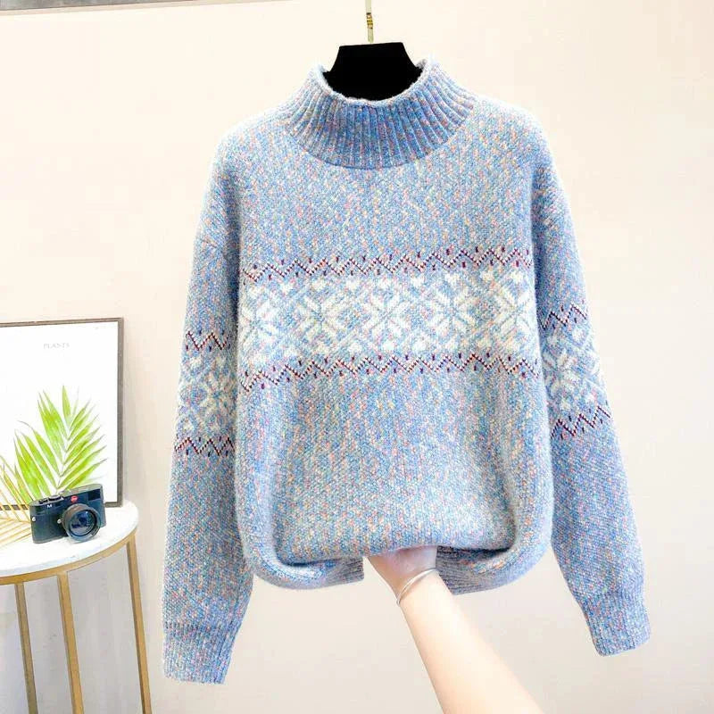 Women's knit roll neck fair isle sweater with flecked texture