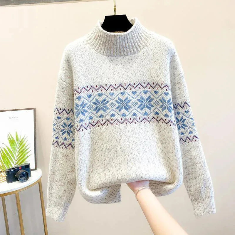 Women's knit roll neck fair isle sweater with flecked texture