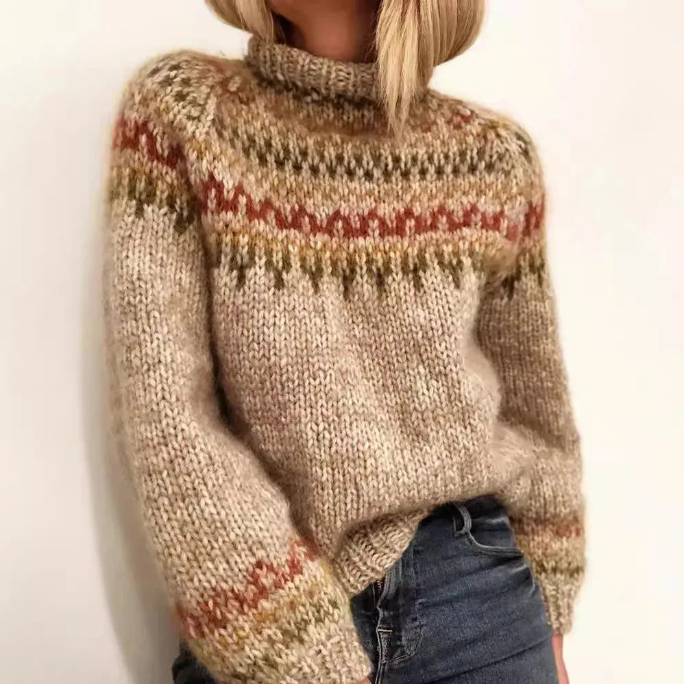 Women's knit roll neck fair isle sweater with fuzzy texture