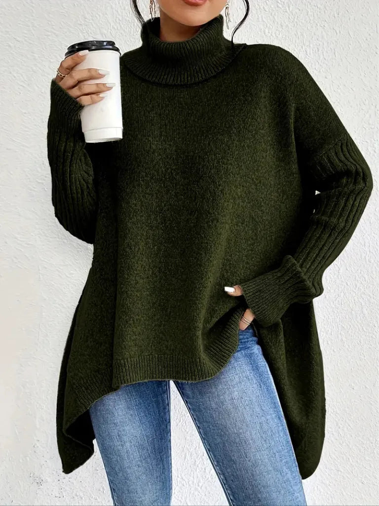 Women's knit roll neck sweater with asymmetrical hem
