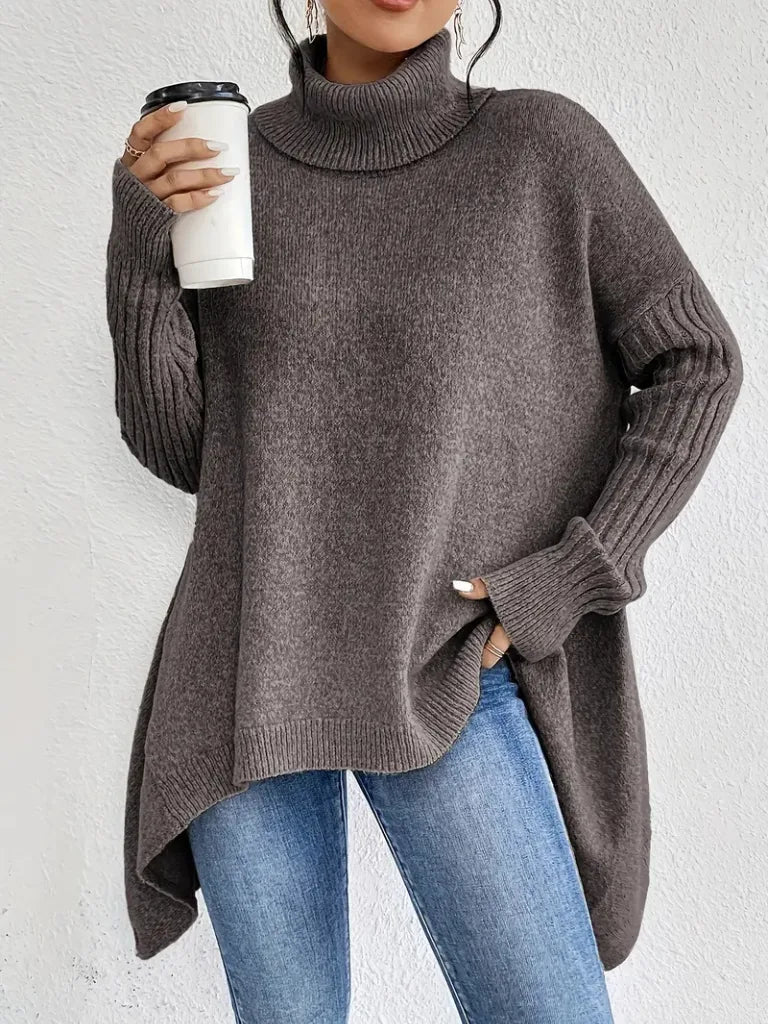 Women's knit roll neck sweater with asymmetrical hem