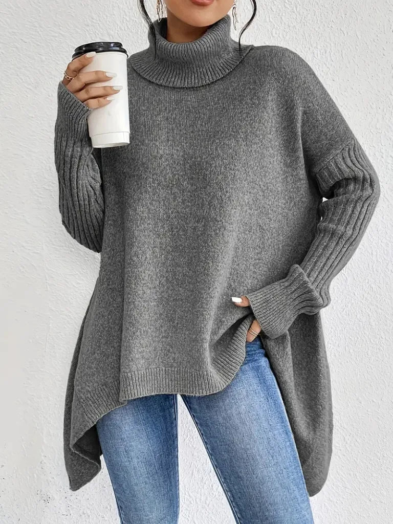 Women's knit roll neck sweater with asymmetrical hem