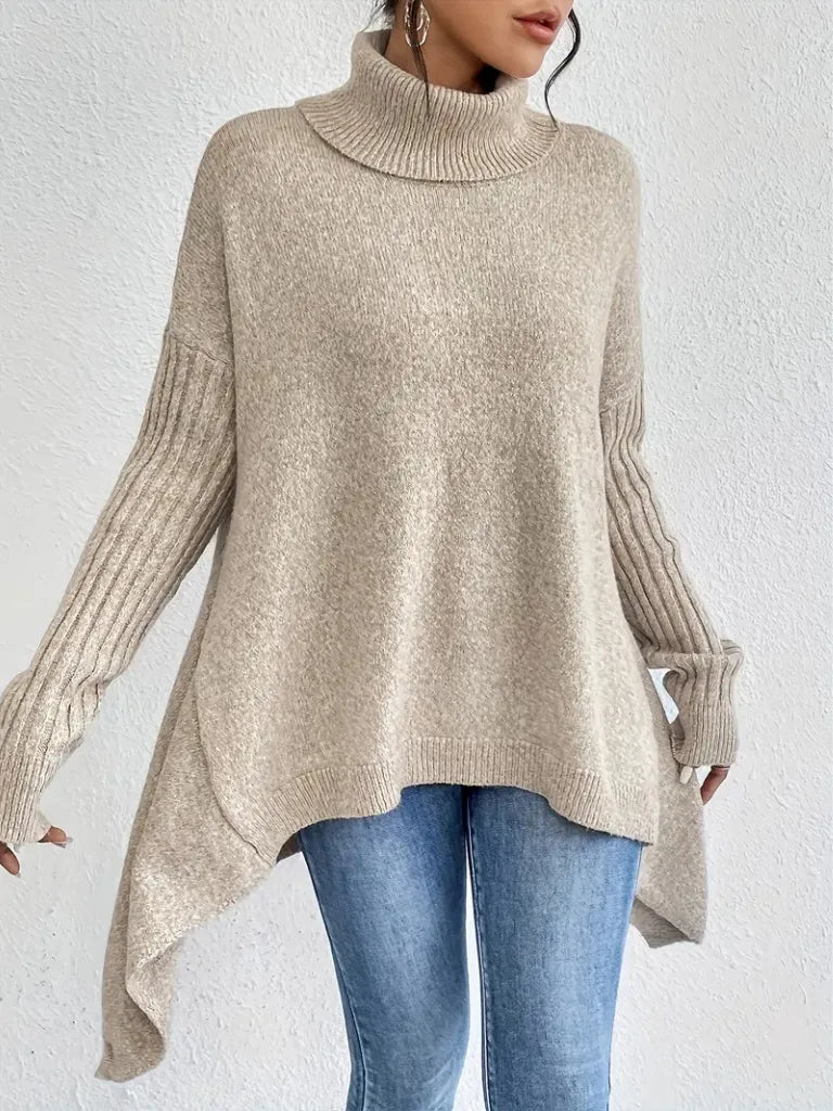 Women's knit roll neck sweater with asymmetrical hem
