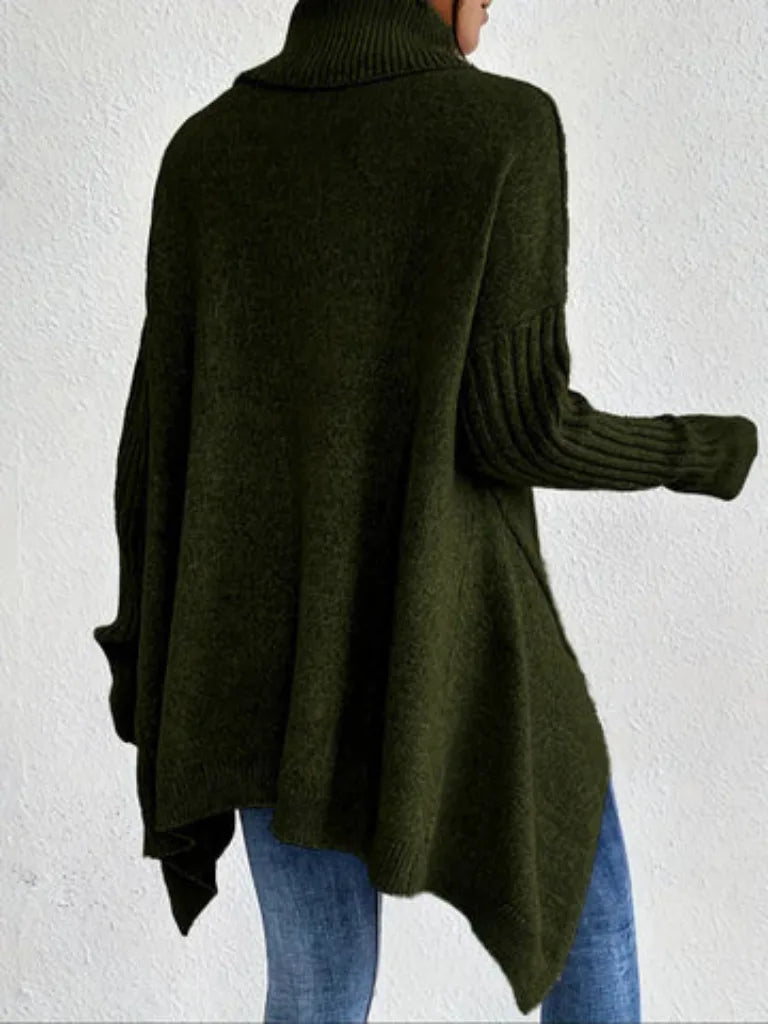 Women's knit roll neck sweater with asymmetrical hem
